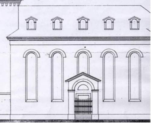 Carl Georg Kirchner, Entwurf für Kleinrudestedt, Seitenansicht mit standardisierter Portalnische, 1839, Ausschnitt. Landeskirchenarchiv Eisenach.
